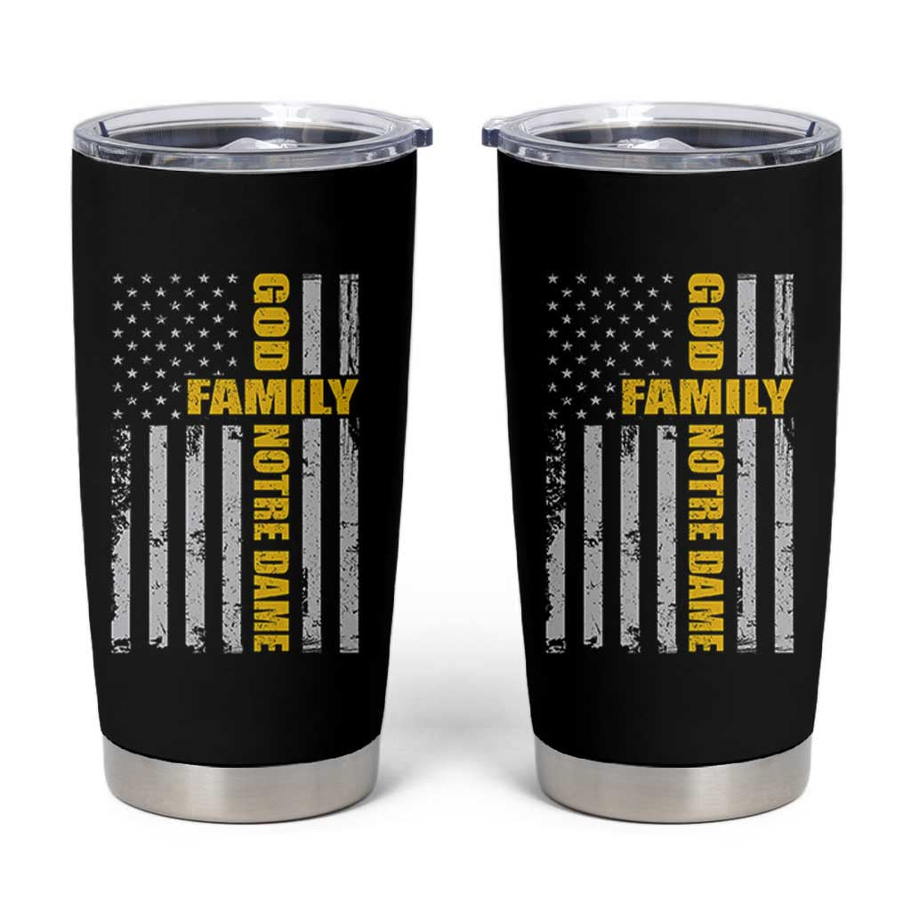 God Family Notre Dame Tumbler Cup Irish Patriotic American Flag