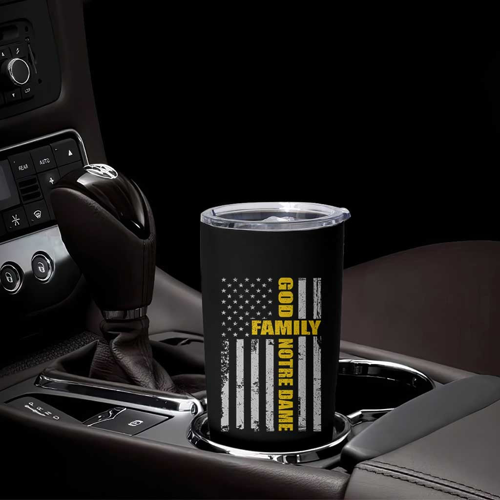God Family Notre Dame Tumbler Cup Irish Patriotic American Flag