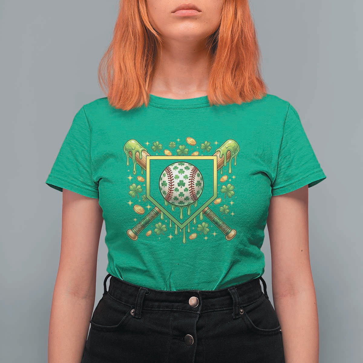 St Patricks Day Baseball Ice Cream Drip Home Plate T Shirt For Women