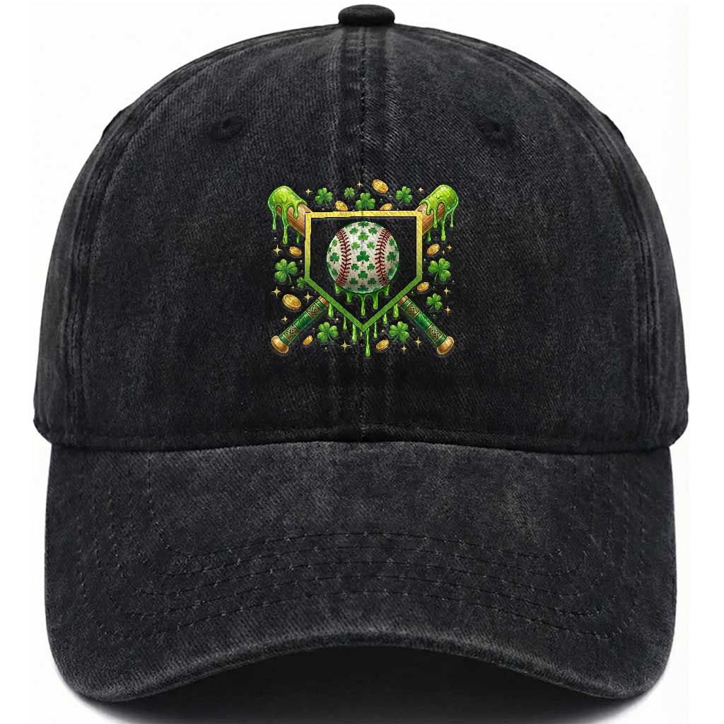 St Patricks Day Baseball Ice Cream Drip Home Plate Washed Cotton Baseball Cap