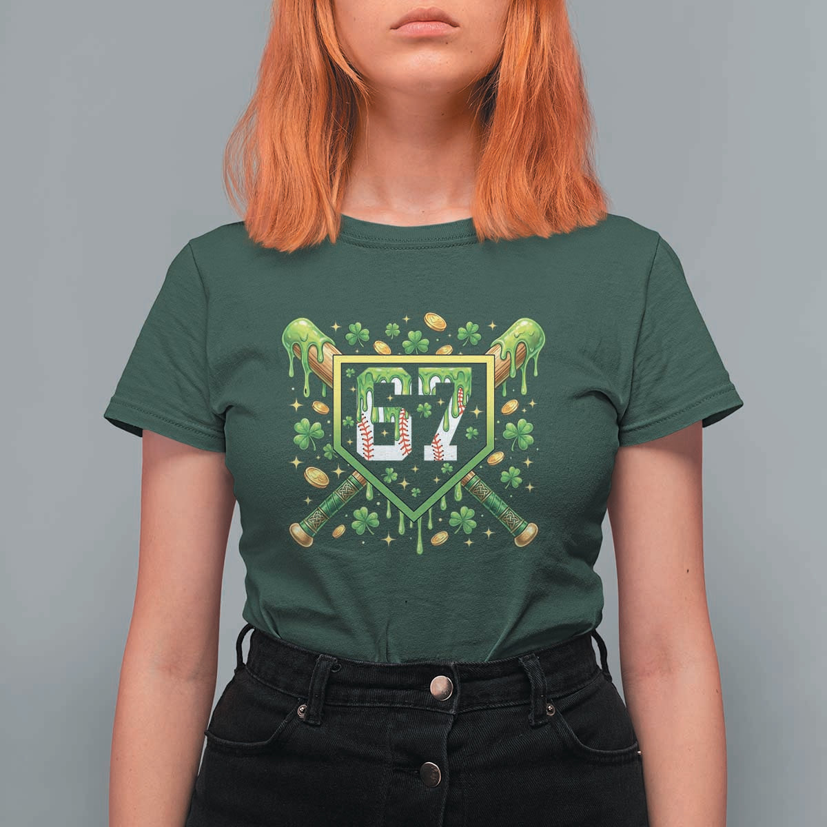 Funny St Patricks Day 67 Six Seven Baseball Ice Cream Drip T Shirt For Women