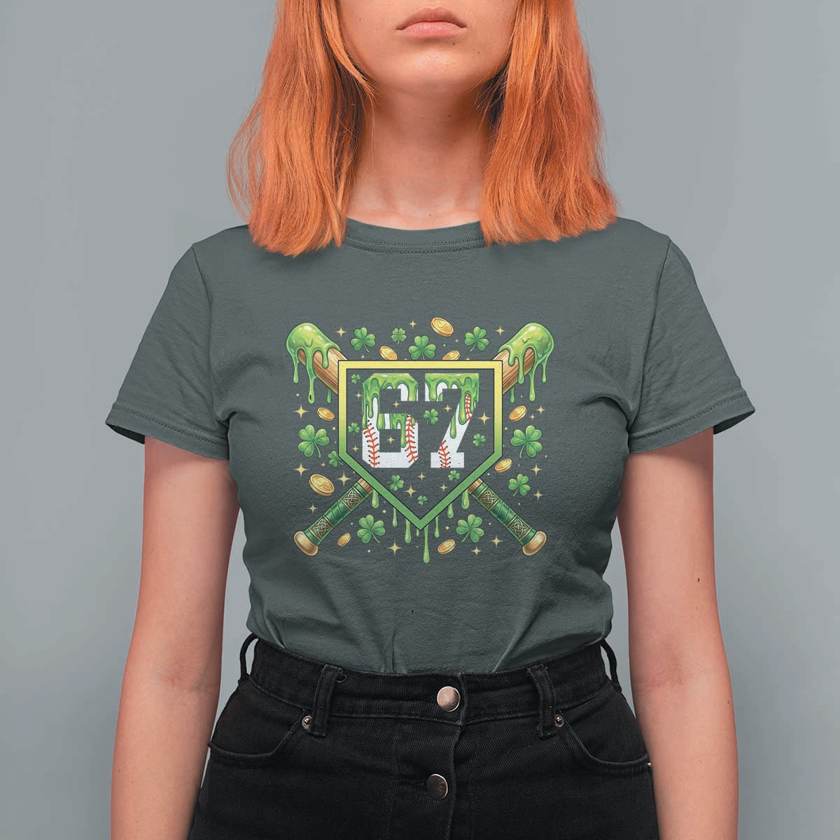 Funny St Patricks Day 67 Six Seven Baseball Ice Cream Drip T Shirt For Women