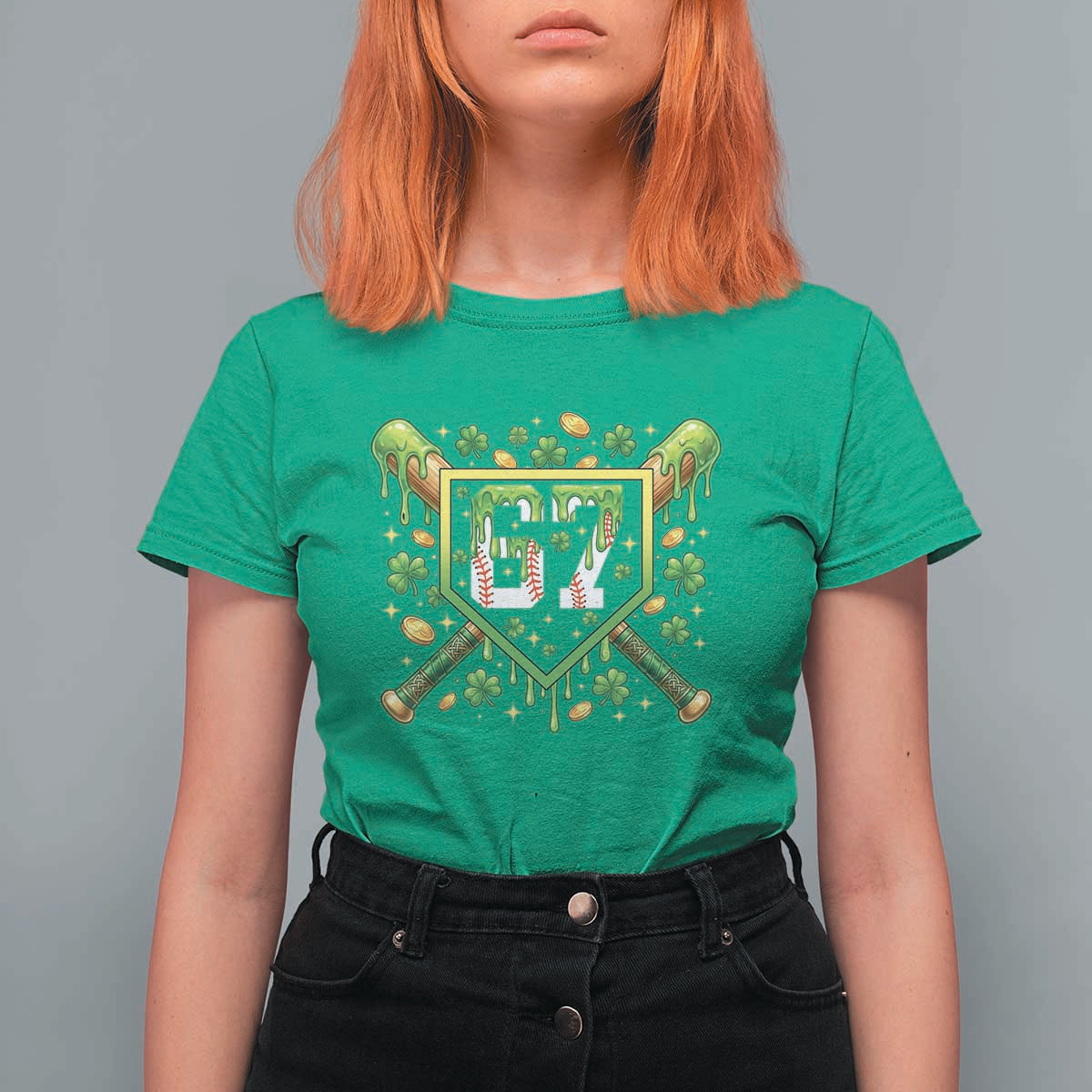 Funny St Patricks Day 67 Six Seven Baseball Ice Cream Drip T Shirt For Women