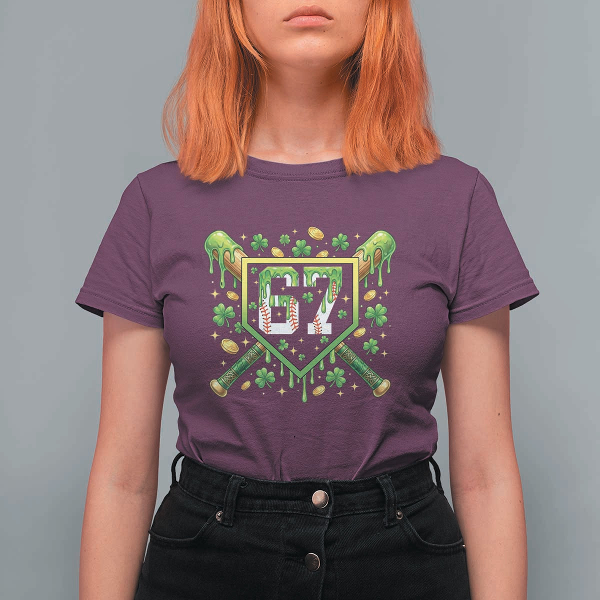 Funny St Patricks Day 67 Six Seven Baseball Ice Cream Drip T Shirt For Women