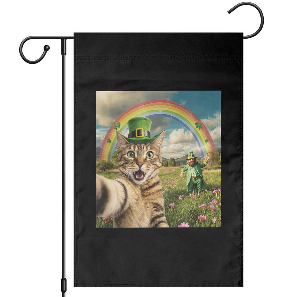 St Patricks Day Cat Selfie with Leprechaun Garden Flag