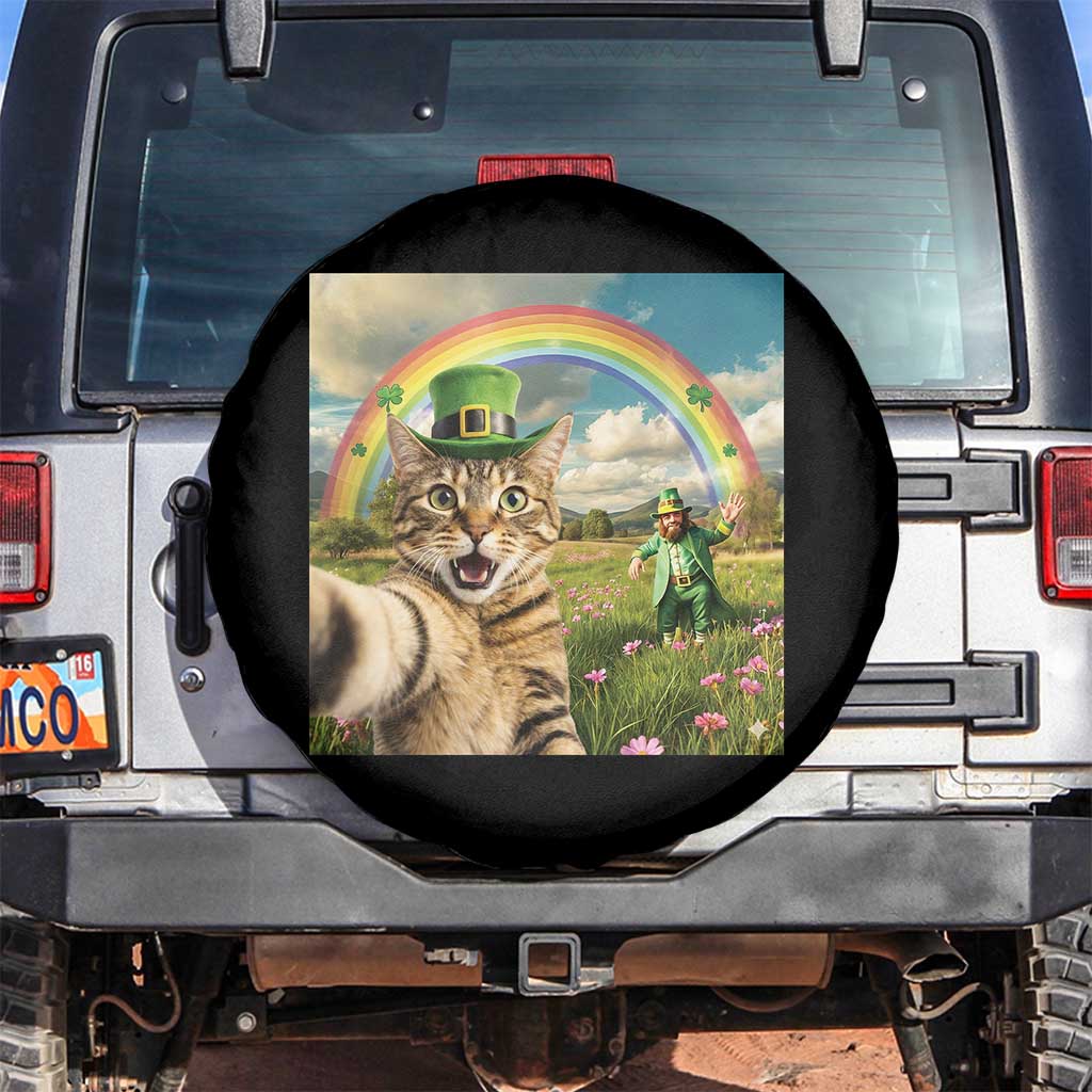 St Patricks Day Cat Selfie with Leprechaun Spare Tire Cover