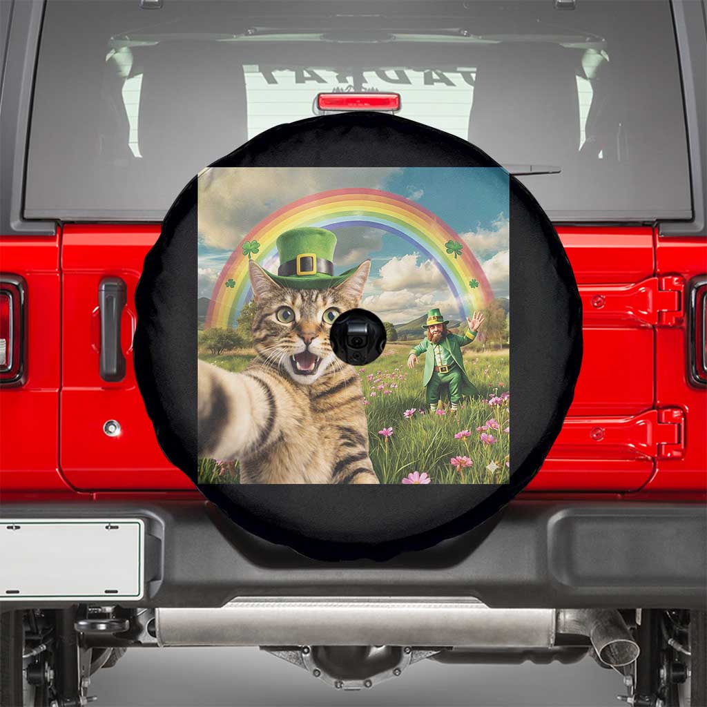 St Patricks Day Cat Selfie with Leprechaun Spare Tire Cover