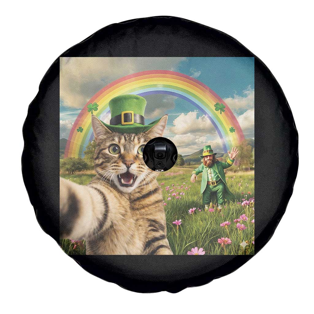 St Patricks Day Cat Selfie with Leprechaun Spare Tire Cover