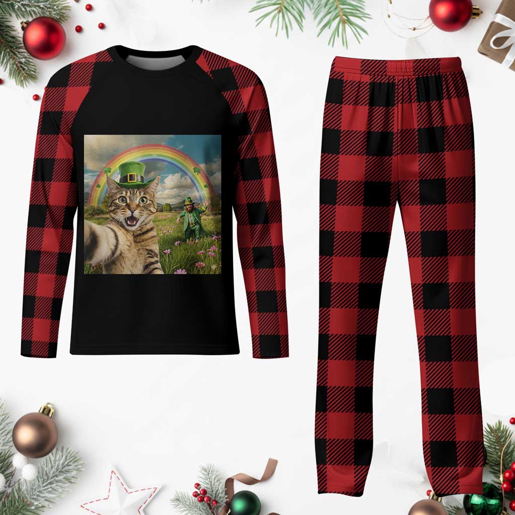St Patricks Day Cat Selfie with Leprechaun Plaid Pajama Set