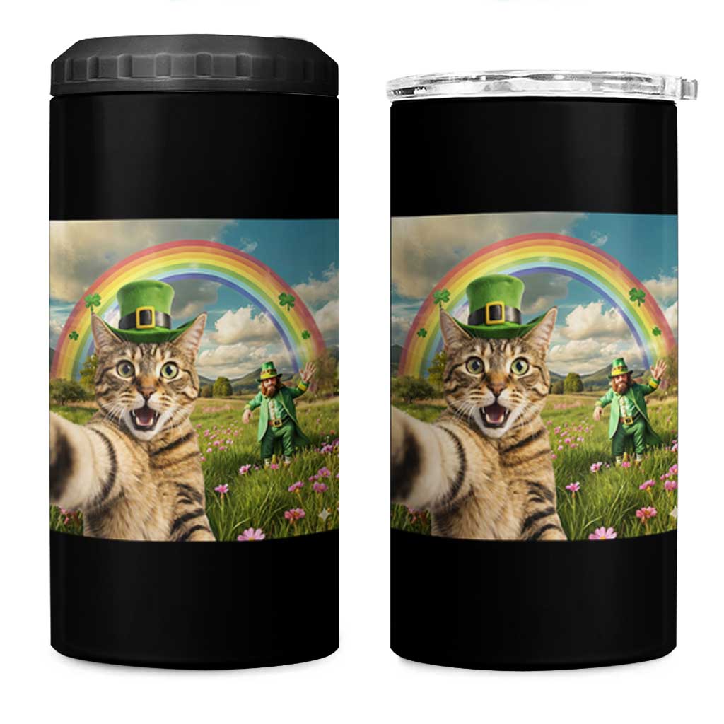 St Patricks Day Cat Selfie with Leprechaun 4 in 1 Can Cooler Tumbler
