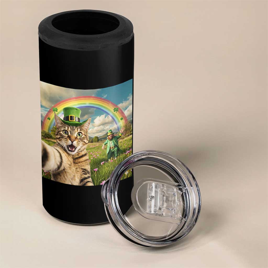 St Patricks Day Cat Selfie with Leprechaun 4 in 1 Can Cooler Tumbler