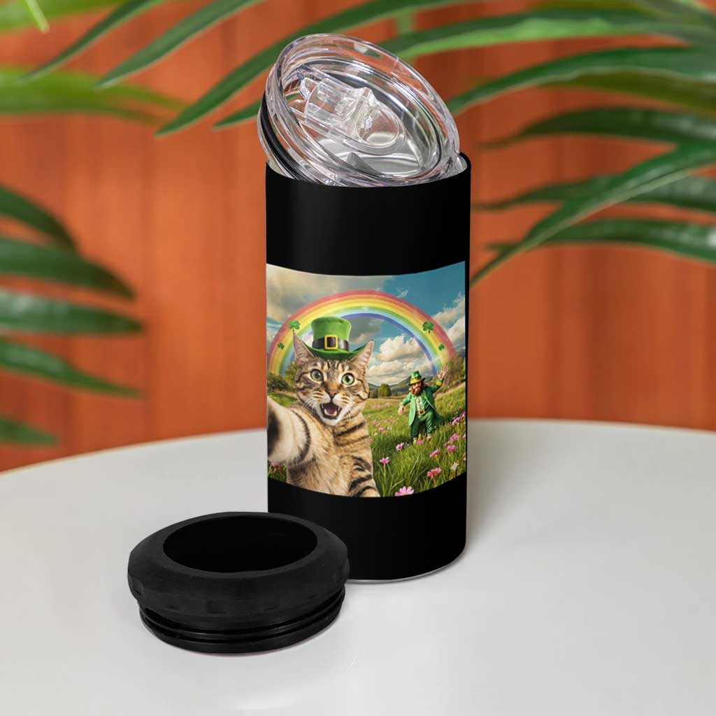 St Patricks Day Cat Selfie with Leprechaun 4 in 1 Can Cooler Tumbler