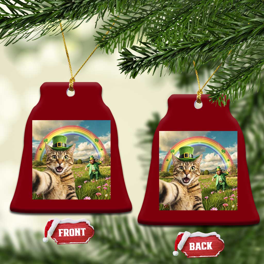 St Patricks Day Cat Selfie with Leprechaun Ceramic Ornament