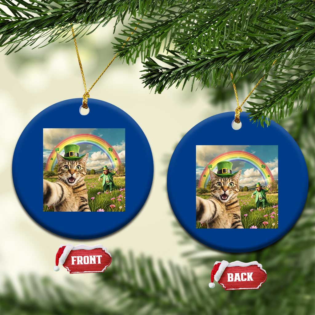 St Patricks Day Cat Selfie with Leprechaun Ceramic Ornament