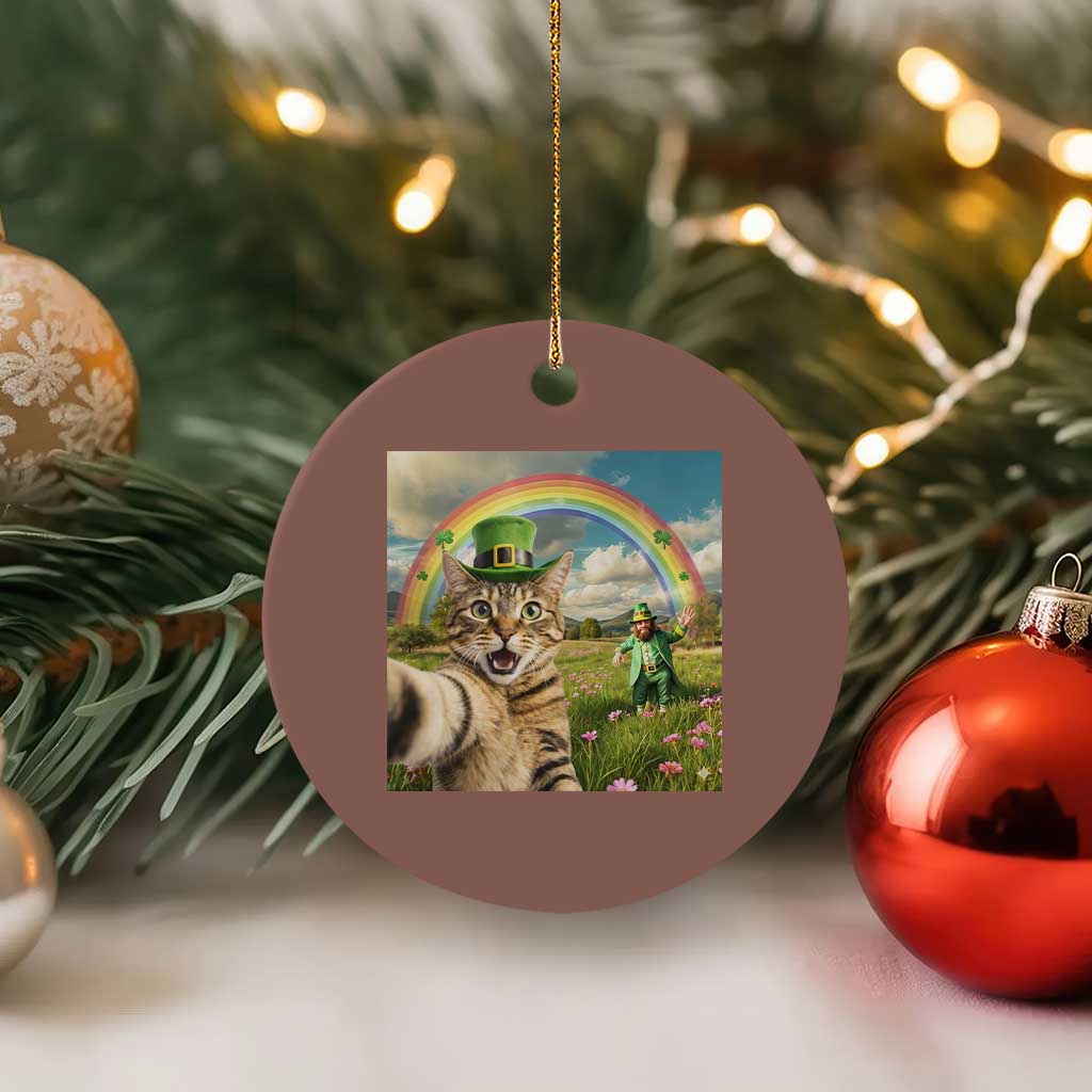St Patricks Day Cat Selfie with Leprechaun Ceramic Ornament