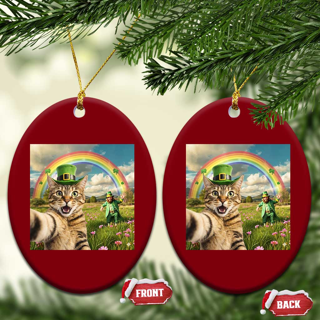 St Patricks Day Cat Selfie with Leprechaun Ceramic Ornament