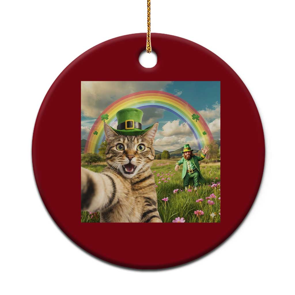 St Patricks Day Cat Selfie with Leprechaun Ceramic Ornament