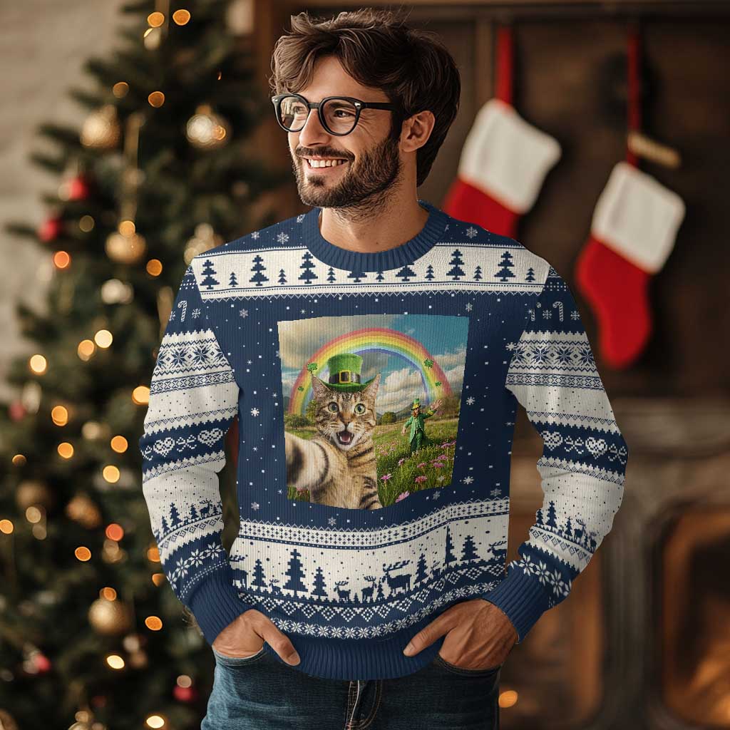 St Patricks Day Cat Selfie with Leprechaun Ugly Christmas Sweater