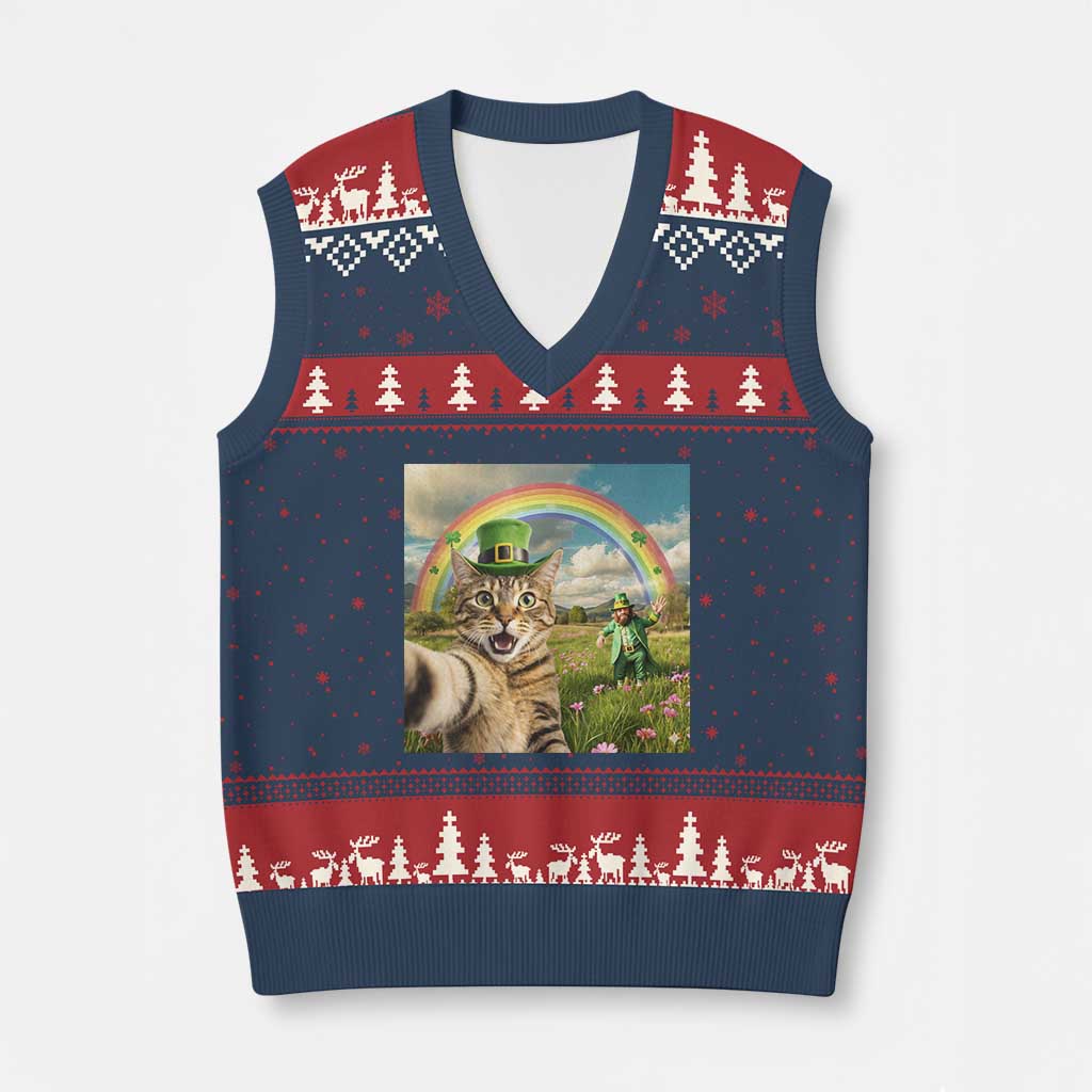 St Patricks Day Cat Selfie with Leprechaun V-Neck Knit Sweater Vest