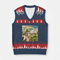 St Patricks Day Cat Selfie with Leprechaun V-Neck Knit Sweater Vest