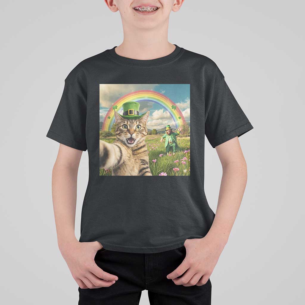 St Patricks Day Cat Selfie with Leprechaun T Shirt For Kid