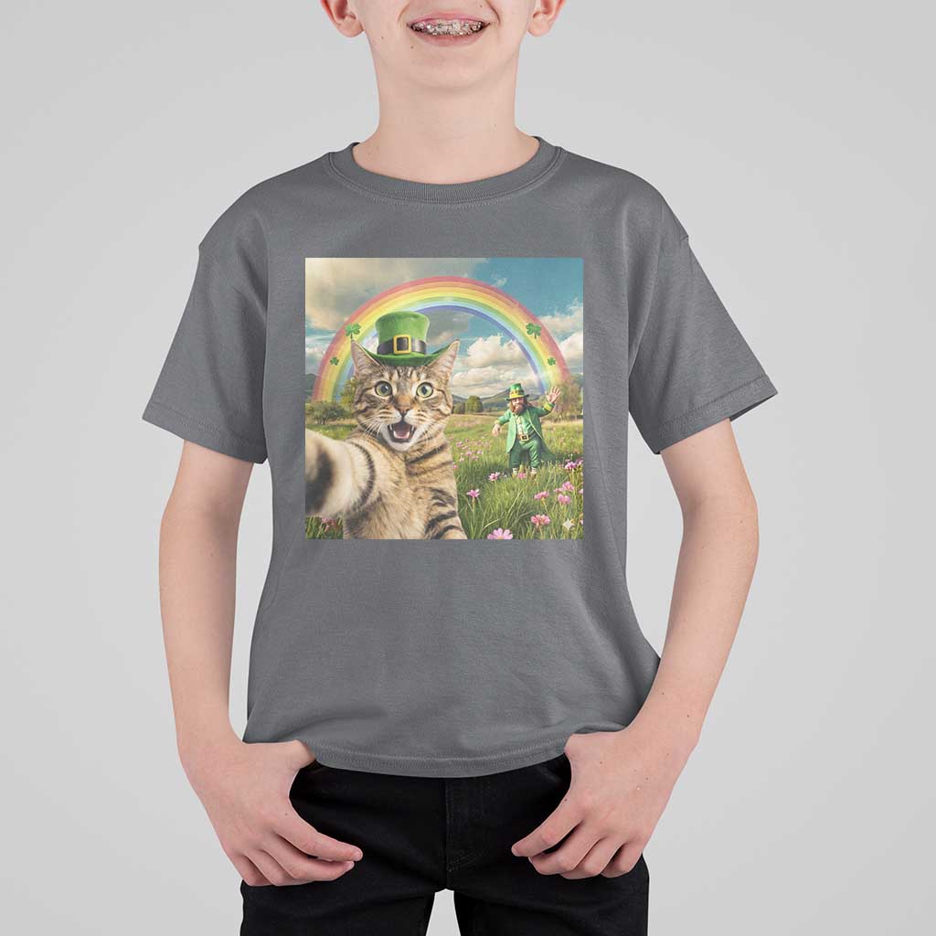 St Patricks Day Cat Selfie with Leprechaun T Shirt For Kid