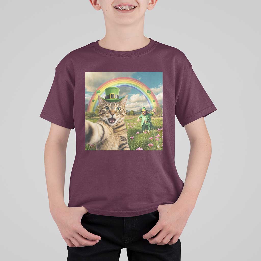 St Patricks Day Cat Selfie with Leprechaun T Shirt For Kid
