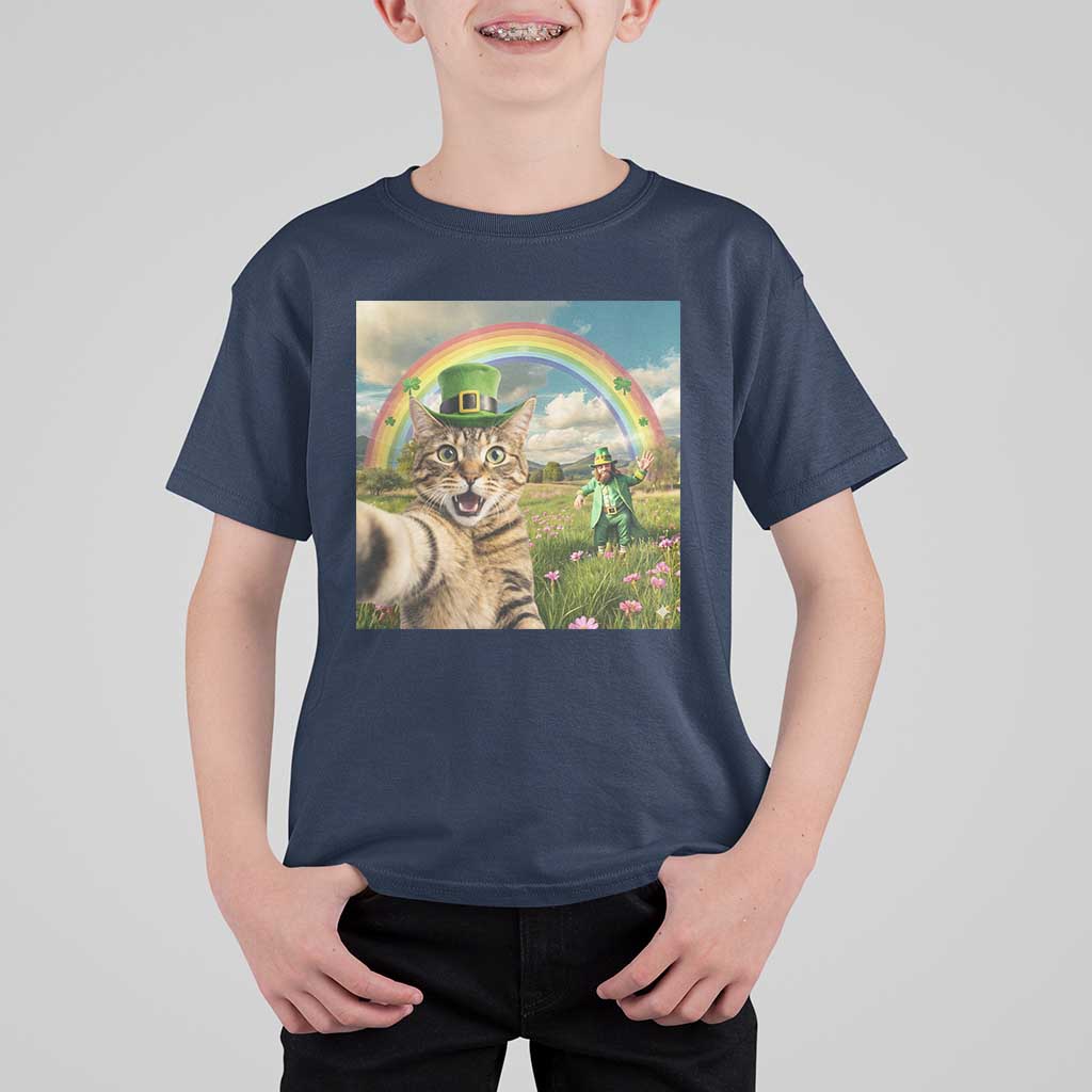 St Patricks Day Cat Selfie with Leprechaun T Shirt For Kid