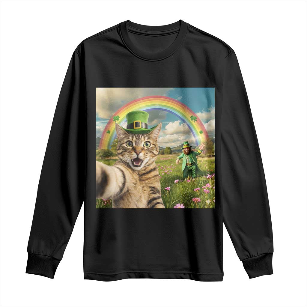 St Patricks Day Cat Selfie with Leprechaun Long Sleeve Shirt