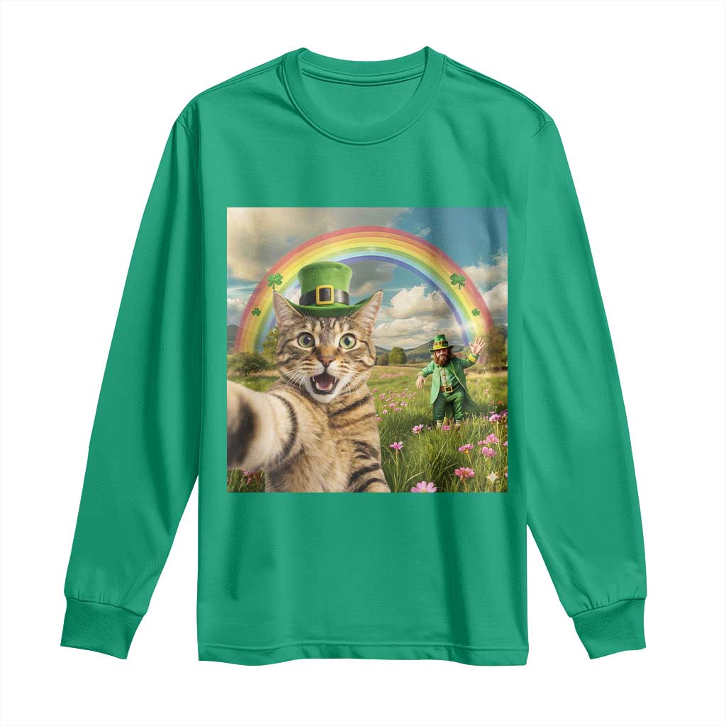 St Patricks Day Cat Selfie with Leprechaun Long Sleeve Shirt