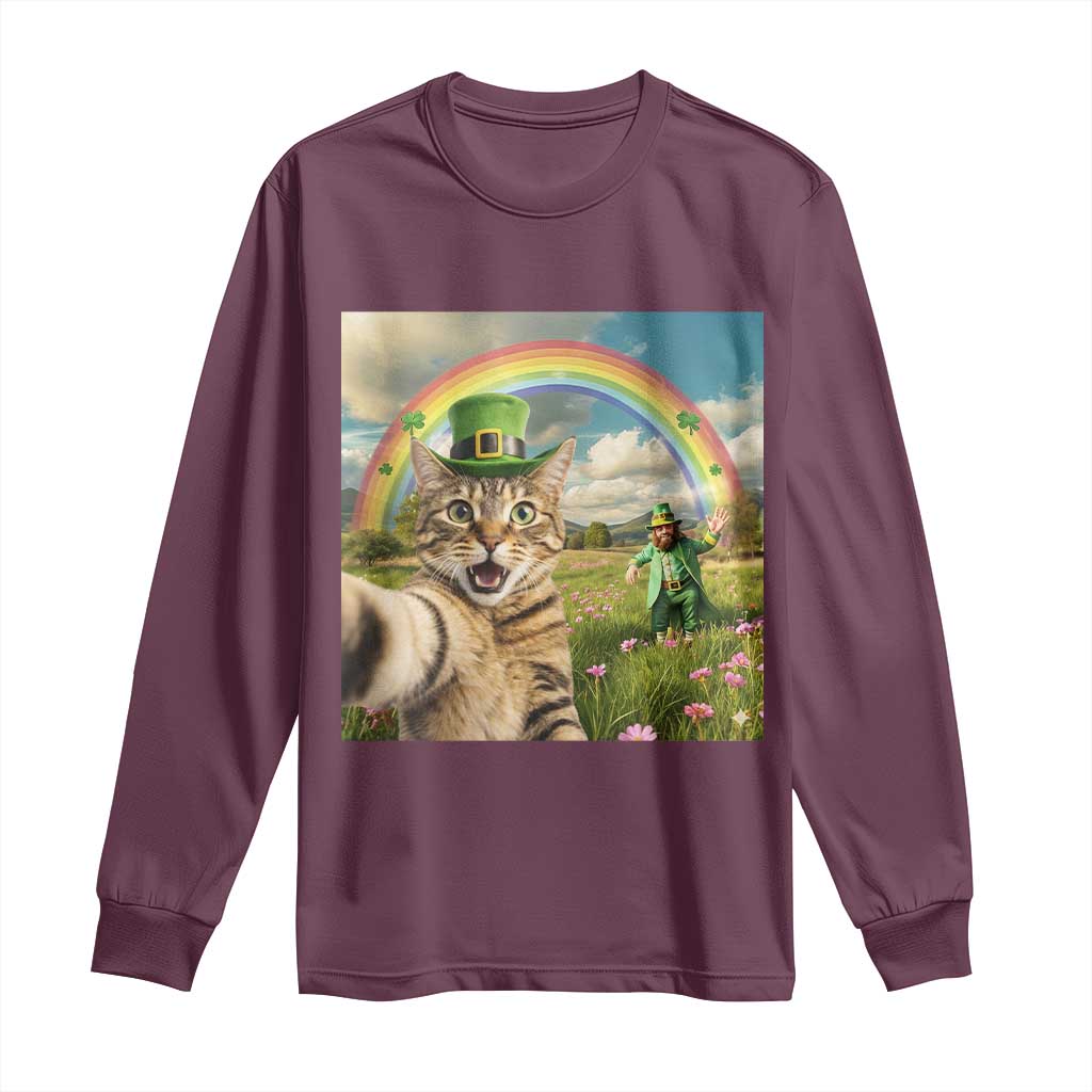 St Patricks Day Cat Selfie with Leprechaun Long Sleeve Shirt