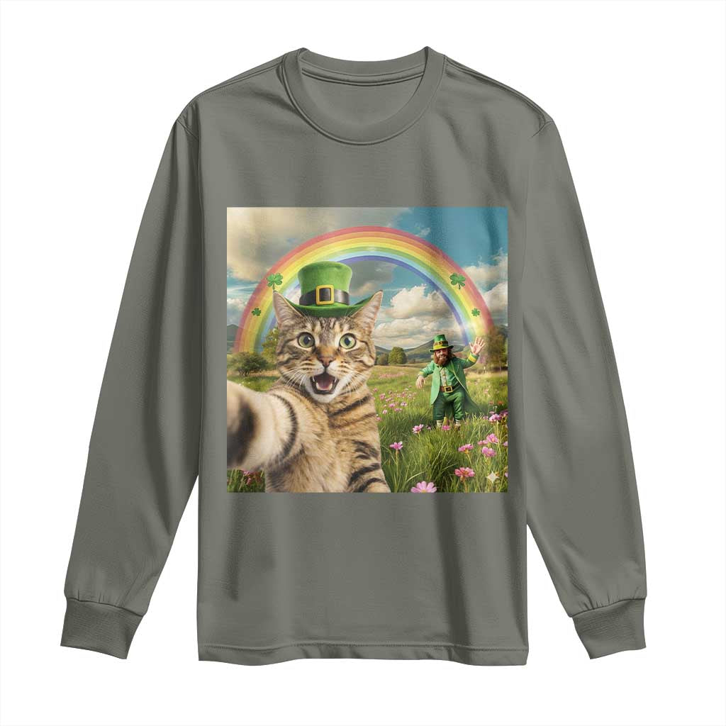 St Patricks Day Cat Selfie with Leprechaun Long Sleeve Shirt