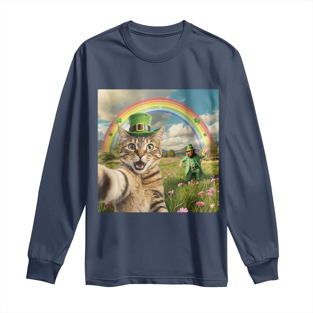 St Patricks Day Cat Selfie with Leprechaun Long Sleeve Shirt