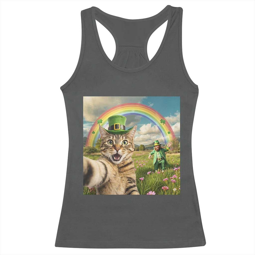 St Patricks Day Cat Selfie with Leprechaun Racerback Tank Top