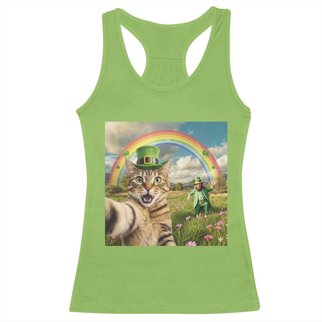 St Patricks Day Cat Selfie with Leprechaun Racerback Tank Top