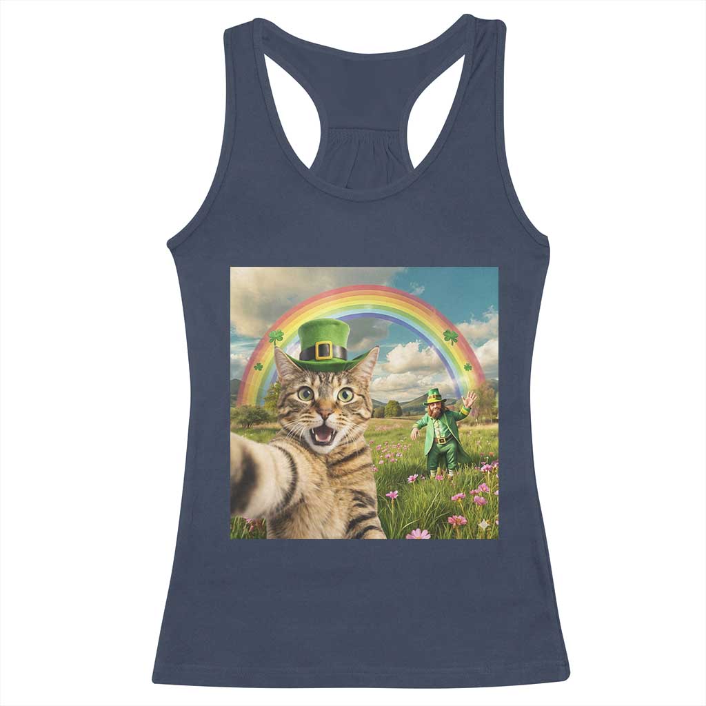 St Patricks Day Cat Selfie with Leprechaun Racerback Tank Top