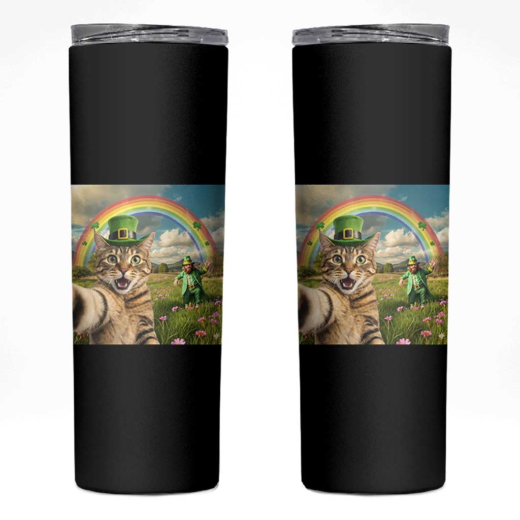 St Patricks Day Cat Selfie with Leprechaun Skinny Tumbler