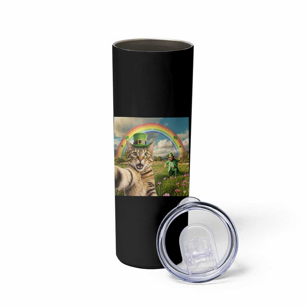 St Patricks Day Cat Selfie with Leprechaun Skinny Tumbler