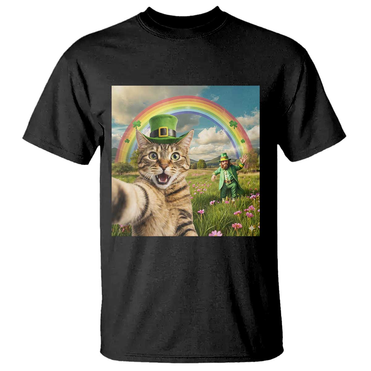 St Patricks Day Cat Selfie with Leprechaun T Shirt