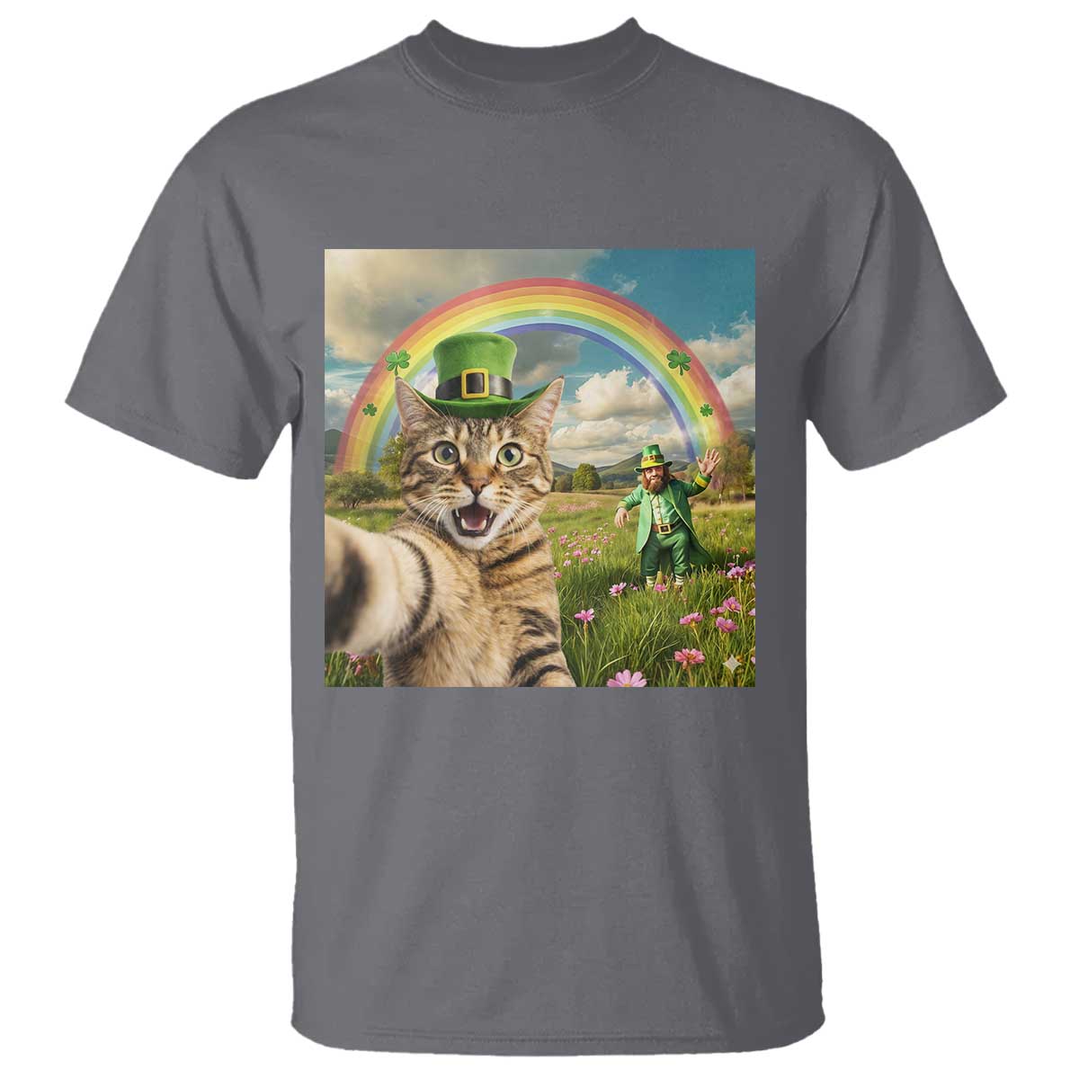 St Patricks Day Cat Selfie with Leprechaun T Shirt