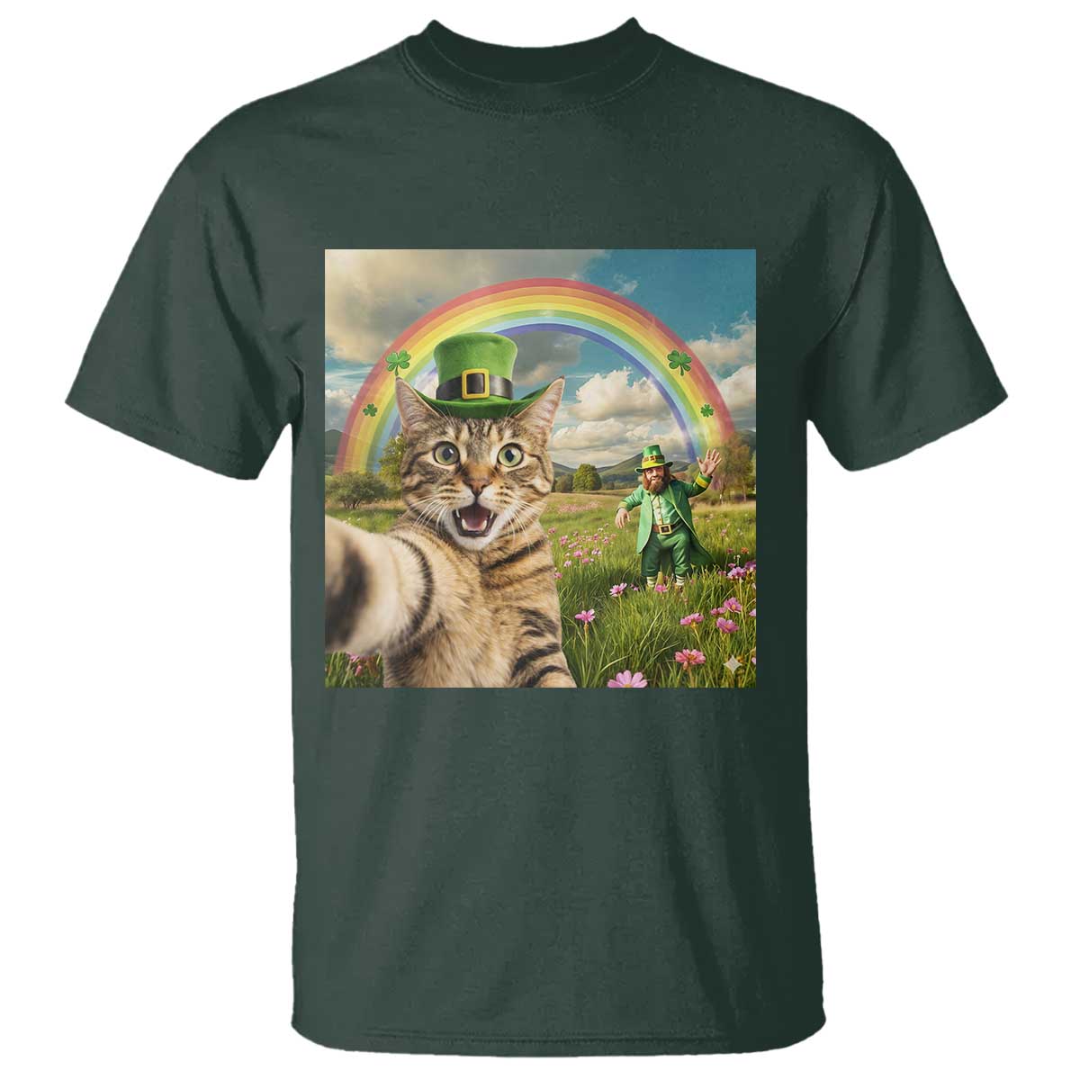 St Patricks Day Cat Selfie with Leprechaun T Shirt