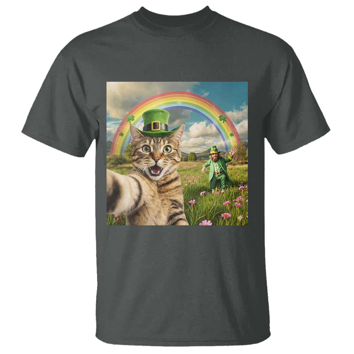 St Patricks Day Cat Selfie with Leprechaun T Shirt