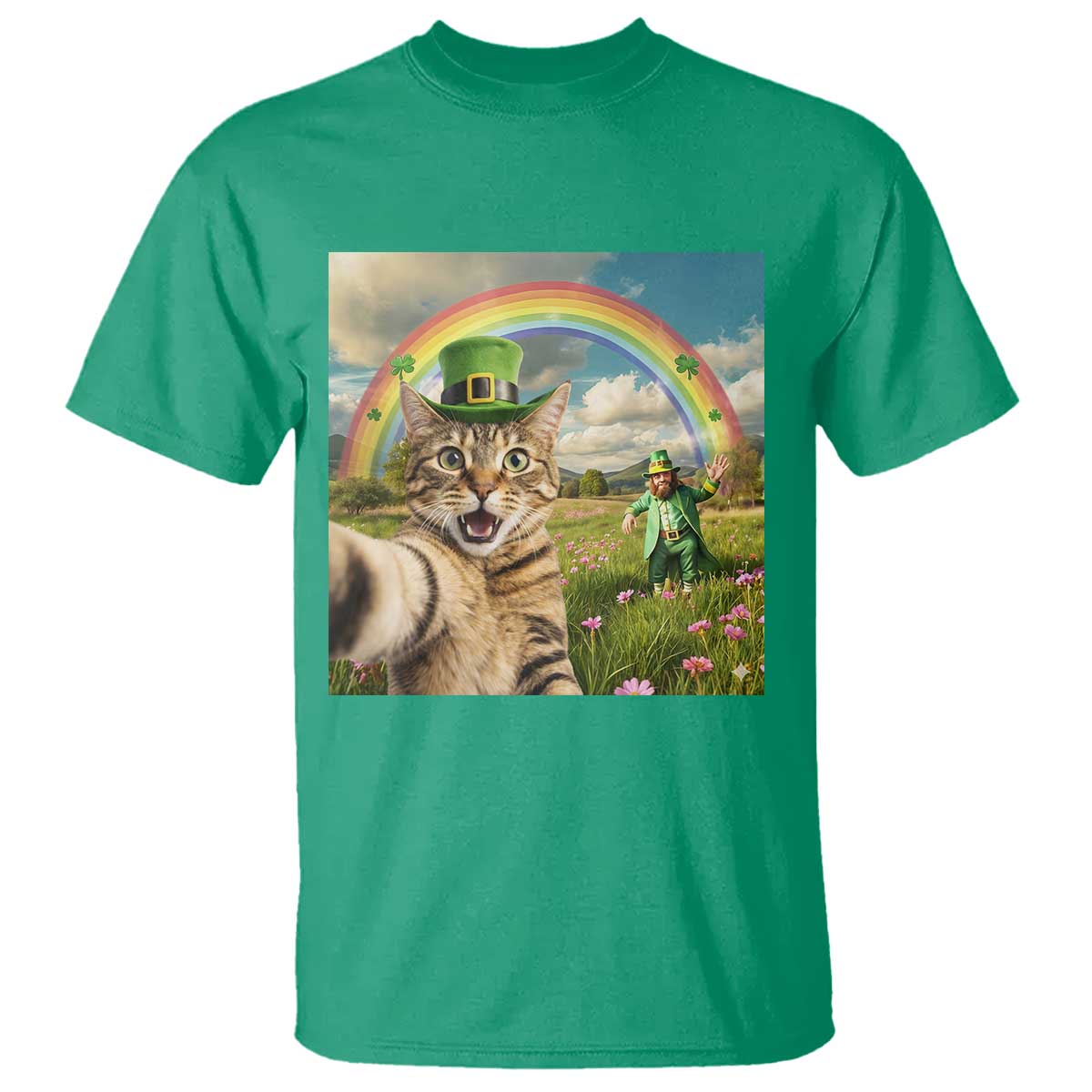 St Patricks Day Cat Selfie with Leprechaun T Shirt