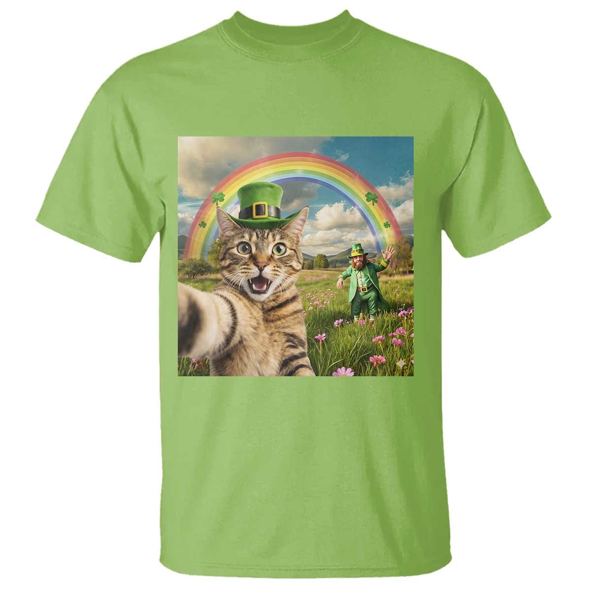 St Patricks Day Cat Selfie with Leprechaun T Shirt