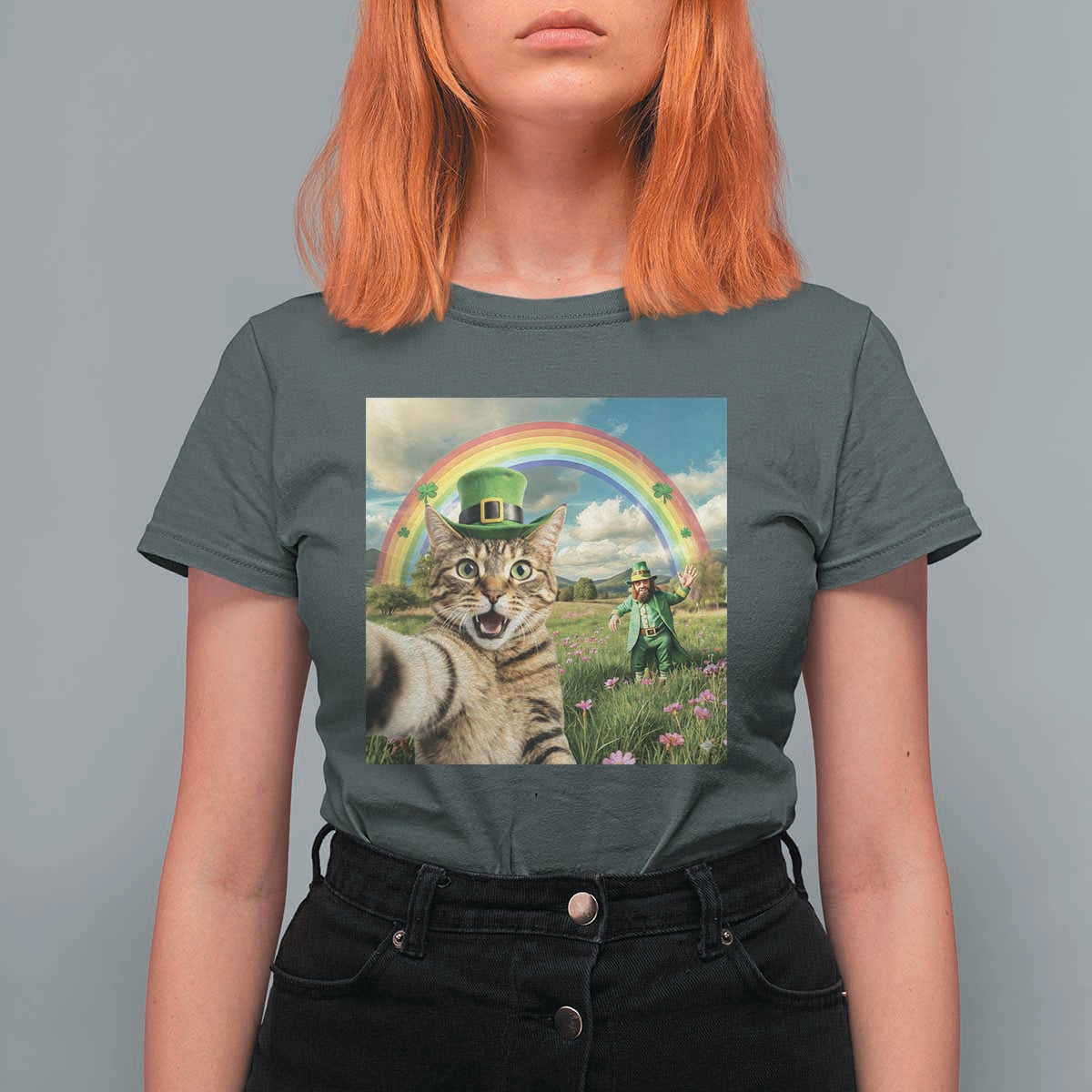 St Patricks Day Cat Selfie with Leprechaun T Shirt For Women
