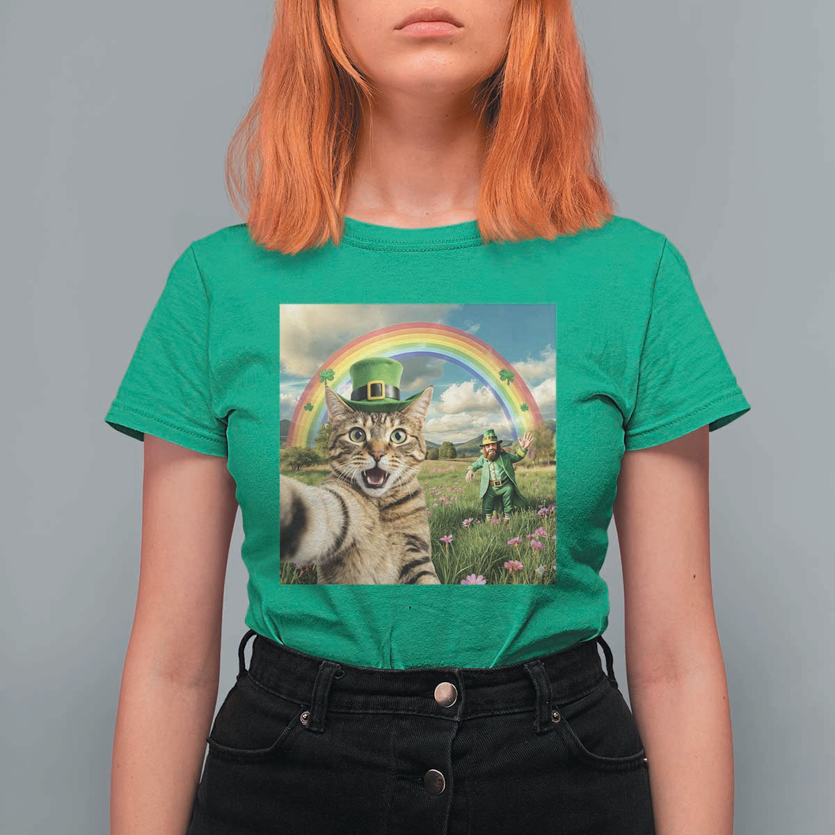 St Patricks Day Cat Selfie with Leprechaun T Shirt For Women