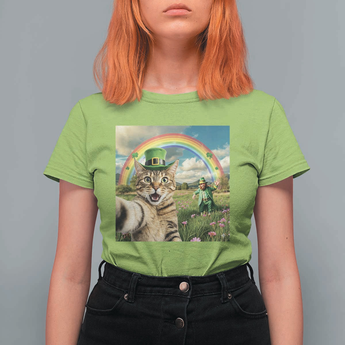 St Patricks Day Cat Selfie with Leprechaun T Shirt For Women