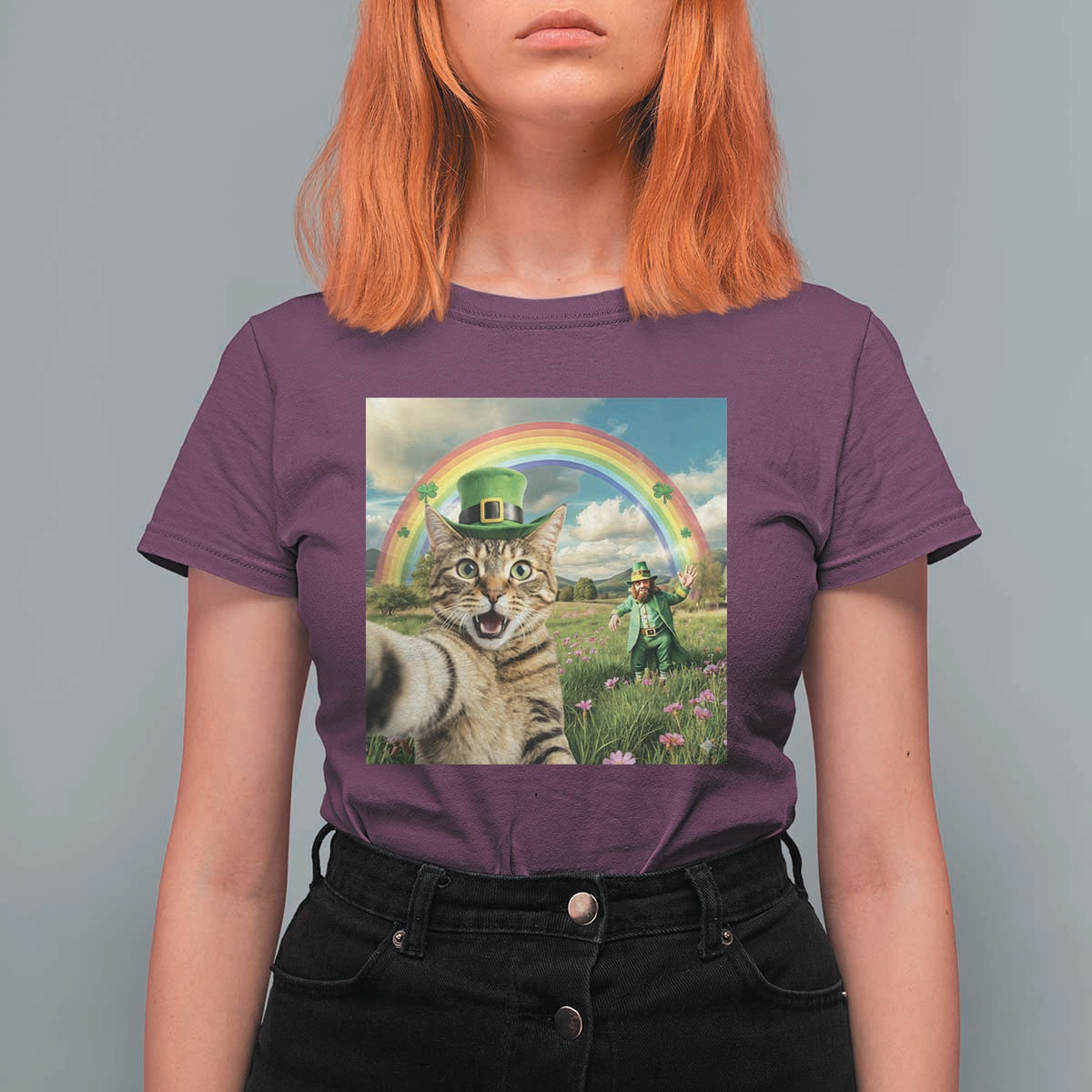 St Patricks Day Cat Selfie with Leprechaun T Shirt For Women
