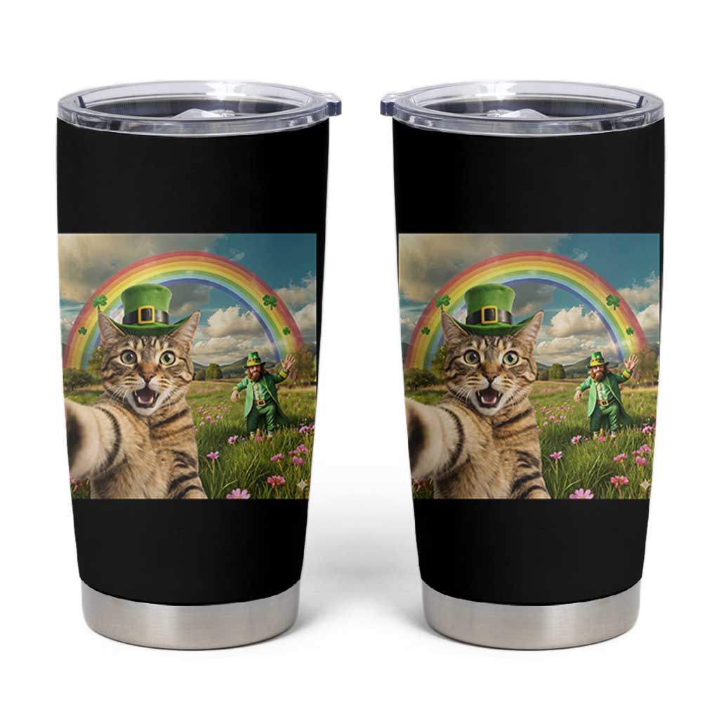St Patricks Day Cat Selfie with Leprechaun Tumbler Cup
