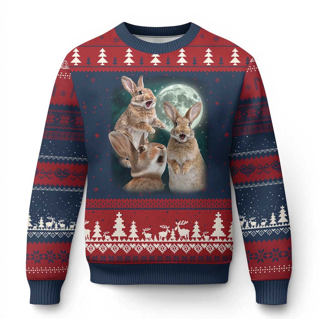 Funny Three Bunny Moon Humorous Rabbit Meme Ugly Christmas Sweater